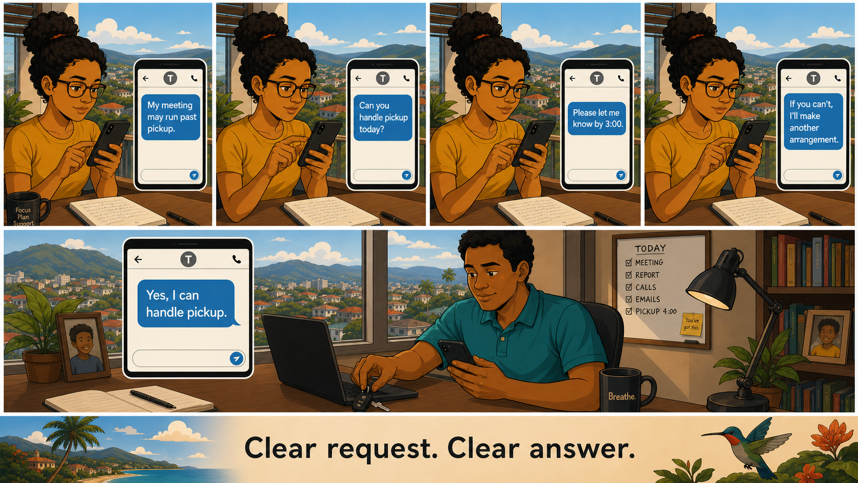 Two co-parents use a clear four-part message to coordinate pickup calmly and directly.