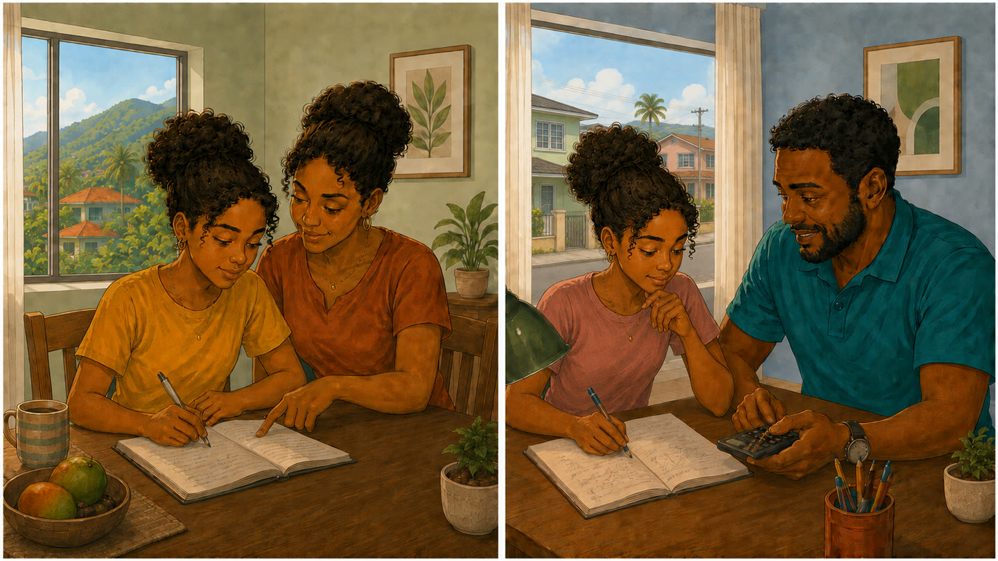 Una familia afrocaribeña ilustrada se mantiene conectada entre dos hogares mientras apoya la vida escolar y la rutina cotidiana de una hija.