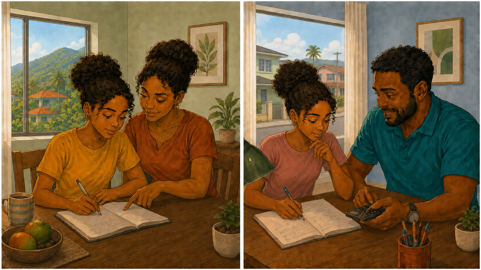 An illustrated Afro-Caribbean family stays connected across two homes while supporting a child’s school life and everyday routine.