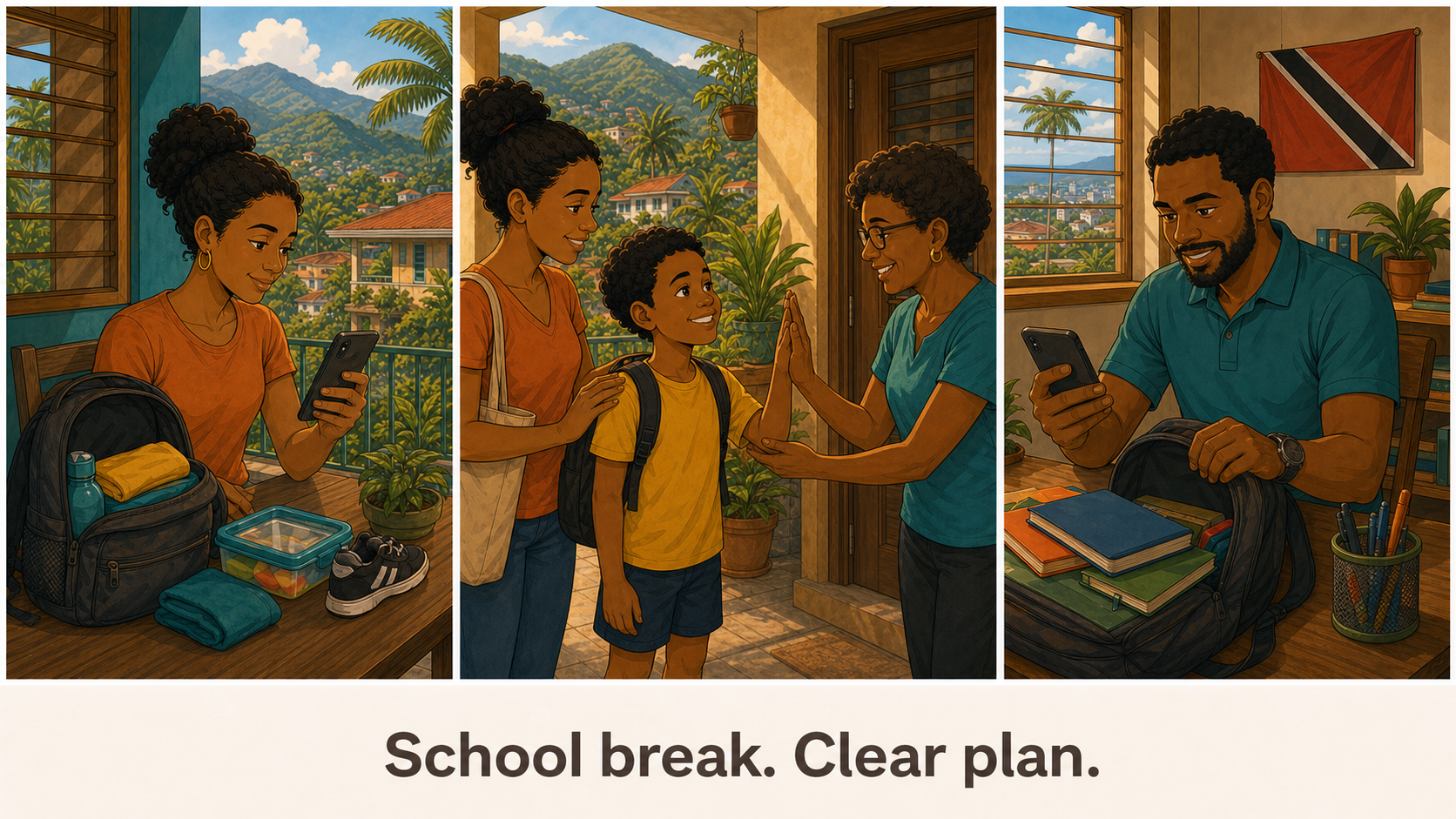 An Afro-Caribbean family coordinates a child’s school-break plans between two homes and a trusted family caregiver.