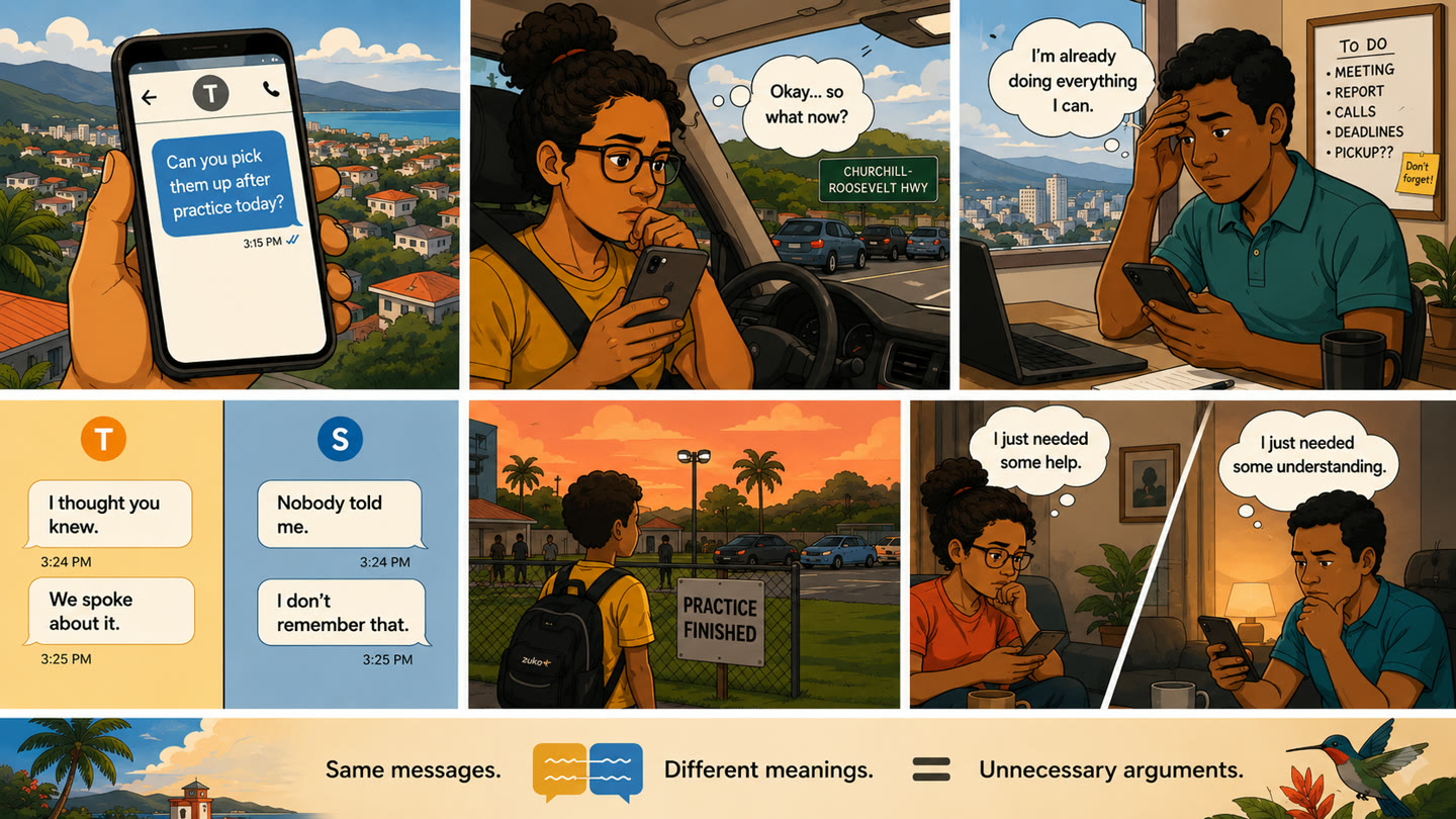 Dos padres viven de forma distinta la misma conversación por mensaje durante una tarde ocupada en Trinidad.