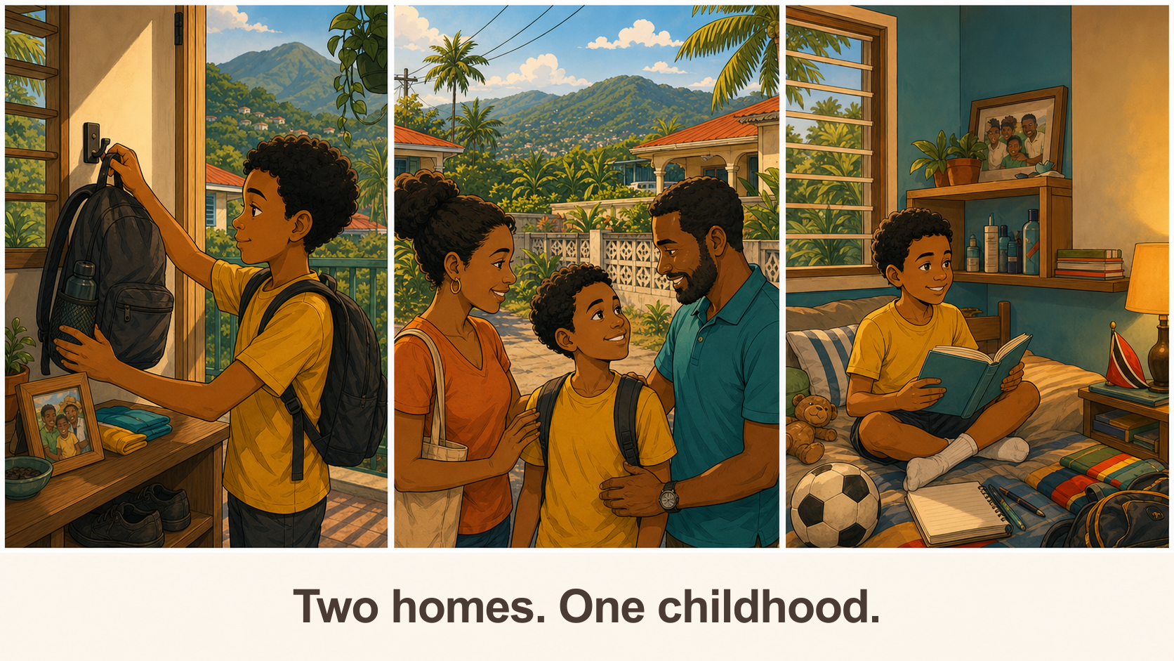 An Afro-Caribbean child feels welcomed in two Trinidad and Tobago homes while both parents support a warm, reassuring handoff.