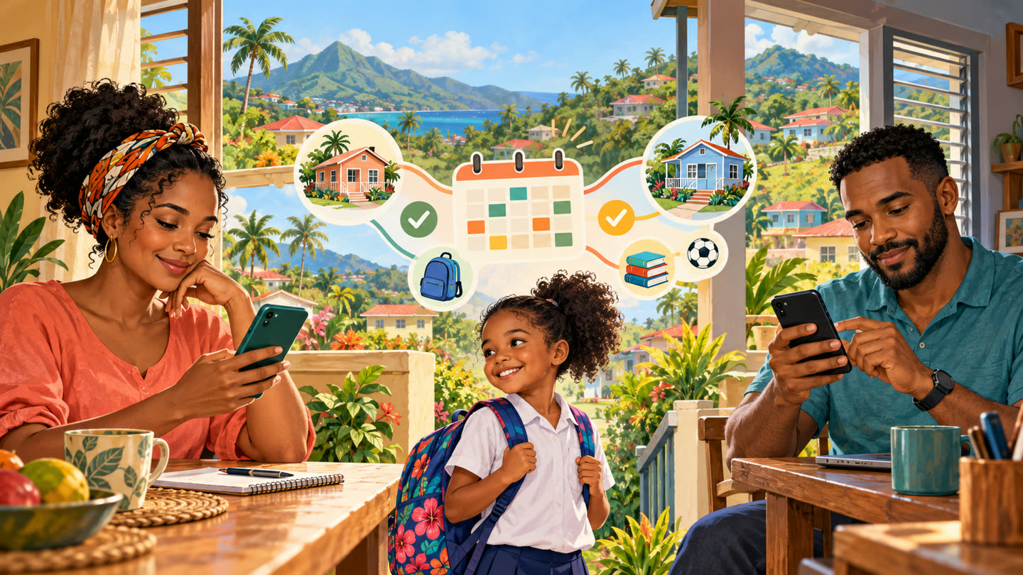 An illustrated Afro-Caribbean family uses one organised parenting plan across two homes while their child prepares for school.